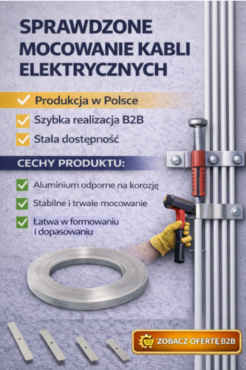 Taśma aluminiowa, uchwyty aluminiowe i gwoździe z kołkiem do mocowania przewodów elektrycznych – Elpromet Bydgoszcz