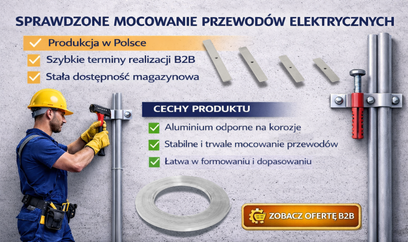 Taśma aluminiowa, uchwyty aluminiowe i gwoździe z kołkiem do mocowania przewodów elektrycznych – Elpromet Bydgoszcz